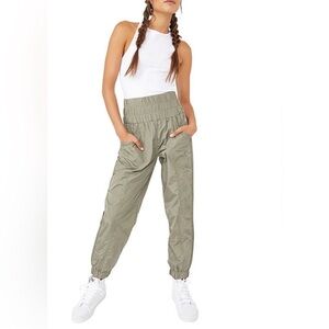 Free People Movement The Way Home Shiny Joggers-Olive Green-Women Medium